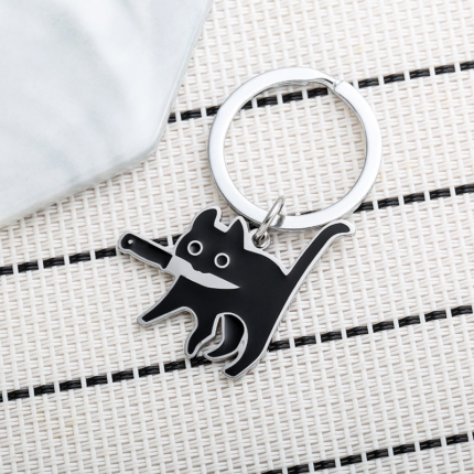 Black Cat With Knife Metal Keyring