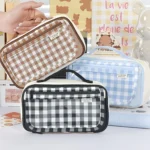 Large Capacity Grid Pencil Case with Transparent Front Pocket
