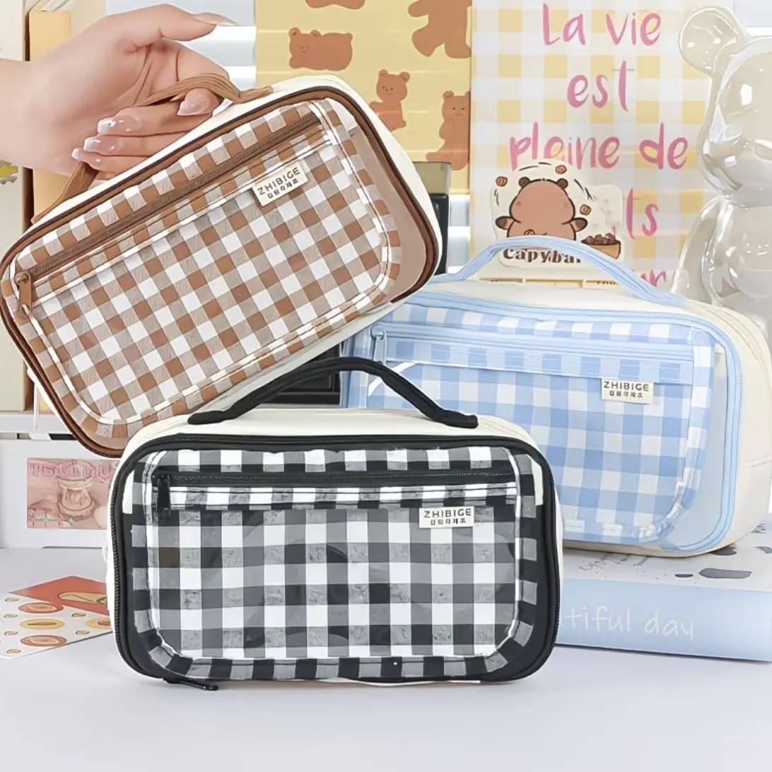 IMG_0670.webp Large Capacity Grid Pencil Case with Transparent Front Pocket - Image 1