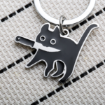 Black Cat With Knife Metal Keyring - Image 2